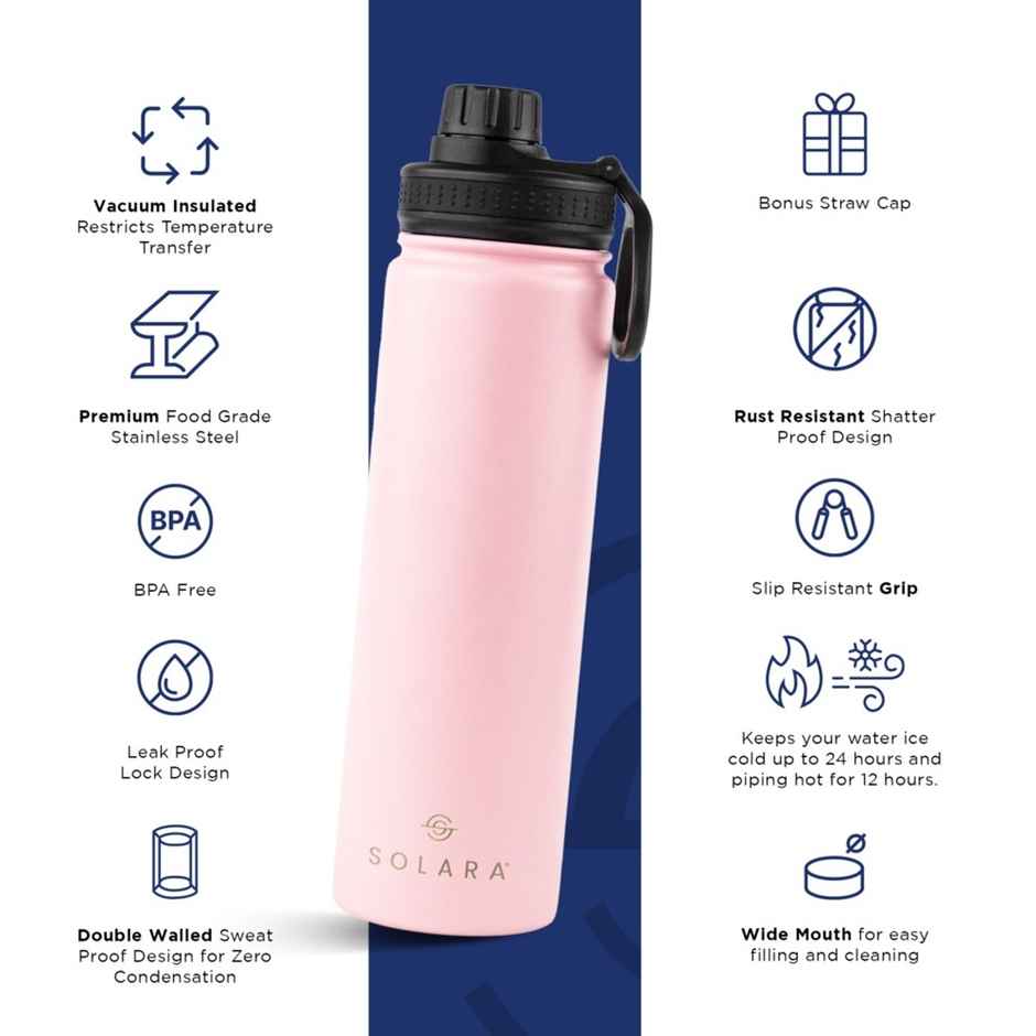 Solara Stainless Steel Insulated Water Bottle For Travel Office School Gym | Angel Pink | 650 ml