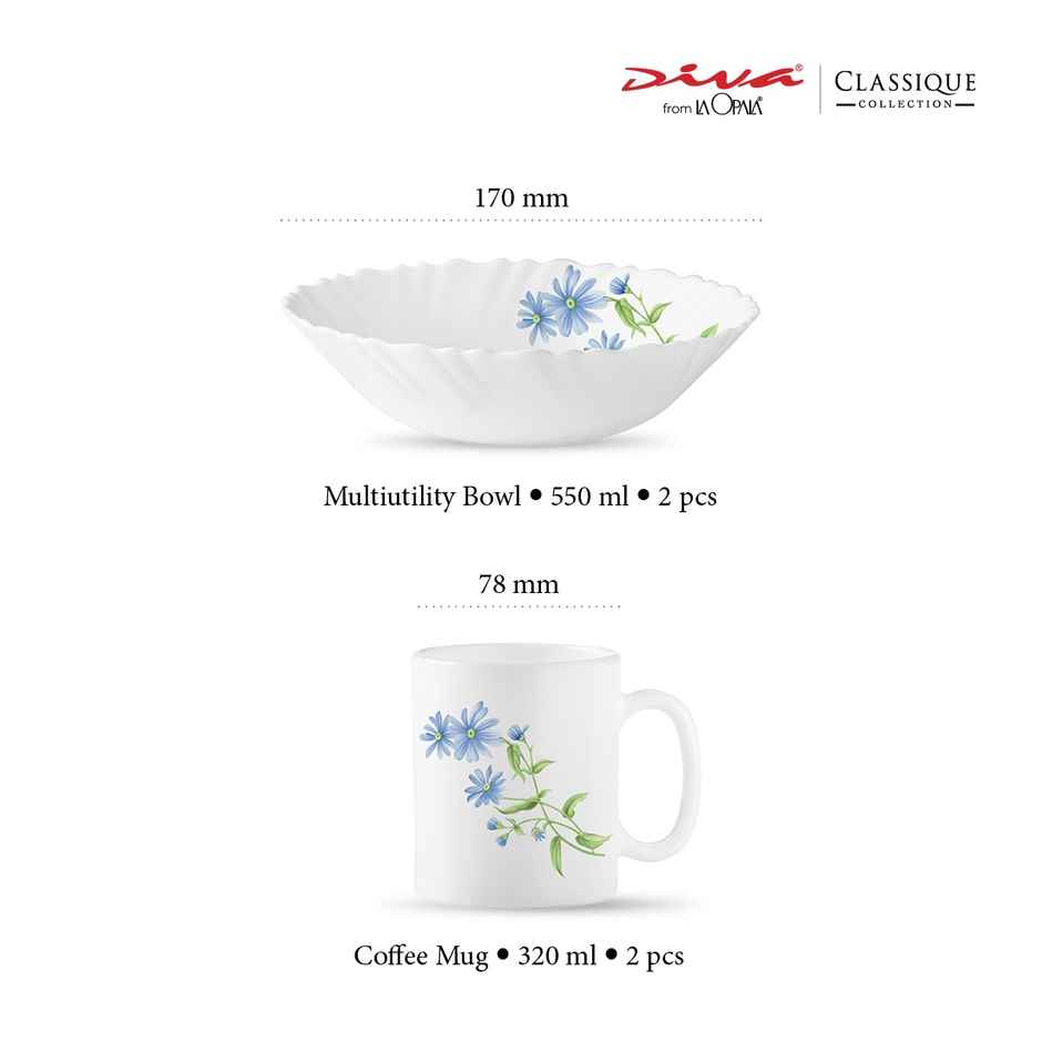 La Opala Diva Classique Breakfast Set of 4 | Opal Glass Coffee Mug & Bowl for Gifting - Blue Daisy