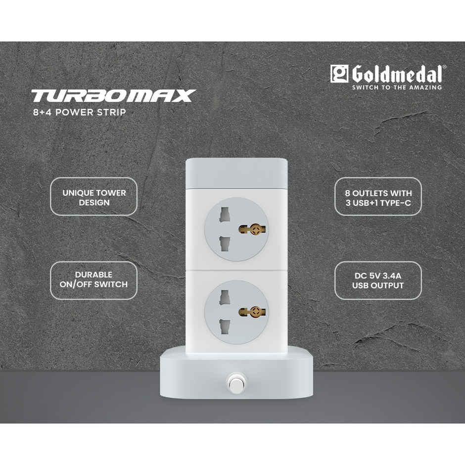 Gold Medal Turbomax 8+4 Extension Board | 8 Universal Sockets with Safety Shutter | 3 USB & 1 USB-C Port | Master Switch with Indicator | 2-Meter Extension Cord