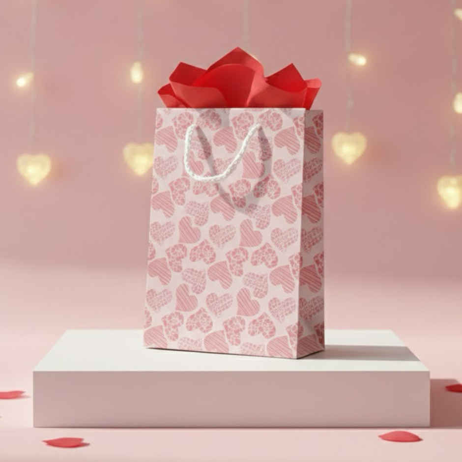 Baby Pink Pattern Heart Gift Bag | 8 x 9 inch | Mad Over Prints
