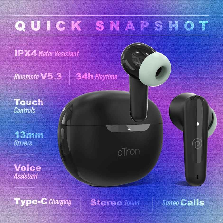 pTron Basspods Mojo TWS Earbuds | 34H Playtime | Clear Calls | Immersive Sound & Voice Assist - Black/Green