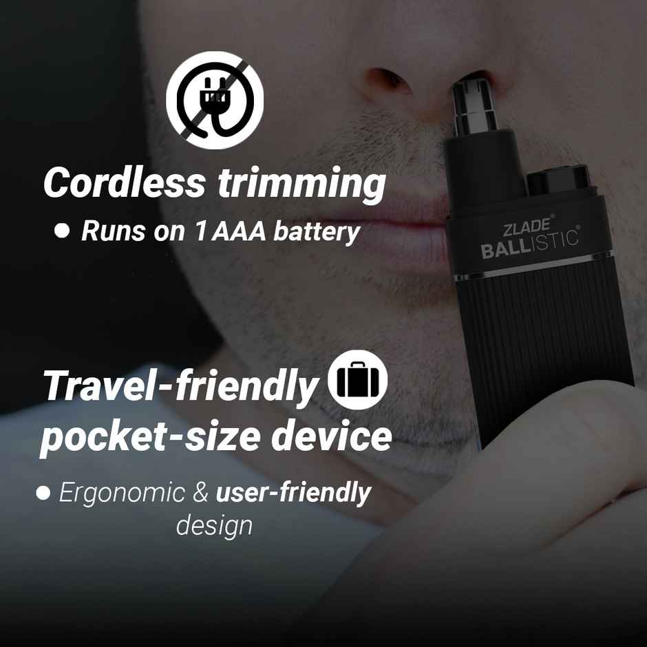 Zlade Ballistic Trimmer for Nose & Ear Hair | AAA Battery-Operated | Waterproof - Black
