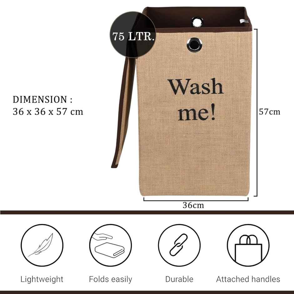 Kuber Industries | 75 L | Jute Fabric Foldable Laundry Basket with Ring | Velcro Lid | Brown