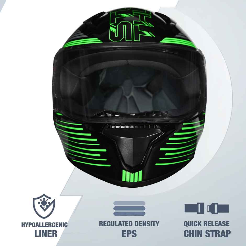 Studds Thunder D11 Full Face Helmet with Spoiler |Black Green - XL