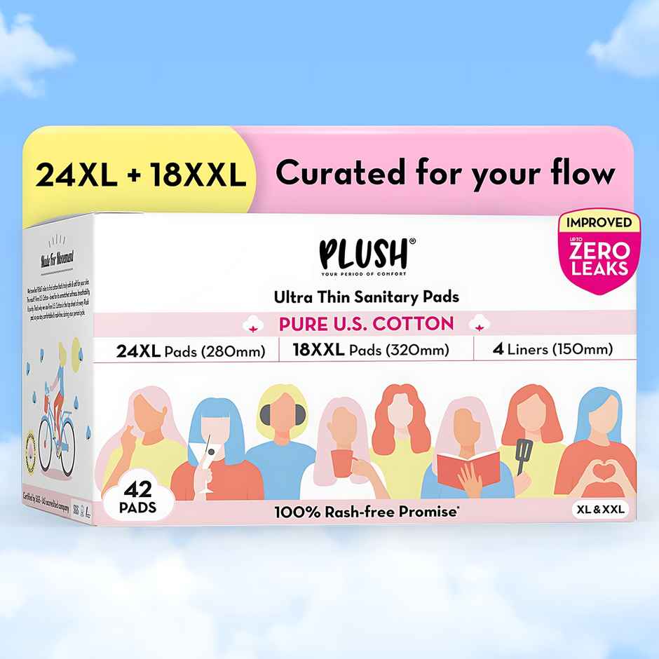 Plush Sanitary Pads (24L+18Xl)(42pc) & Plush 100% Pure Us Cotton Panty Liners(20pc) Combo