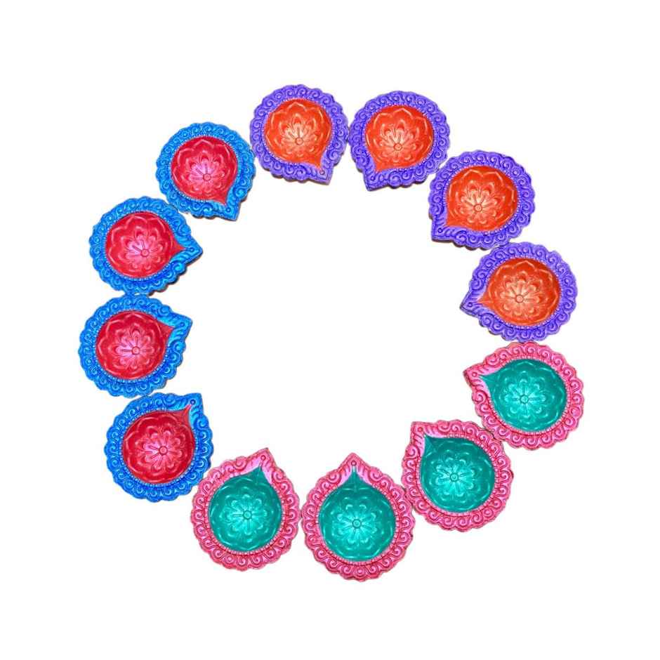 Multicolor Diya | Pack Of 12 | Designer Clay Diya | DiaCraft