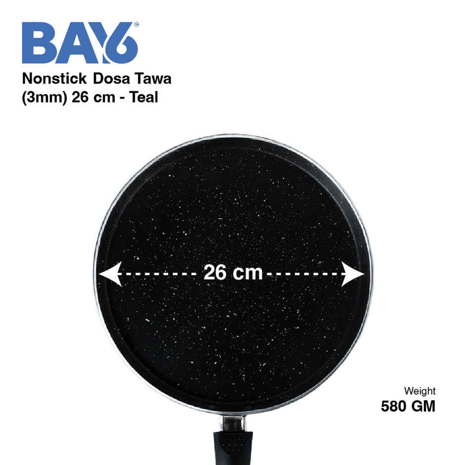BAY6 NonStick Cookware Set (Dosa Tawa 26 cm + Fry Pan 24 cm + Kadai 22 cm with Glass Lid 3 mm) - Teal