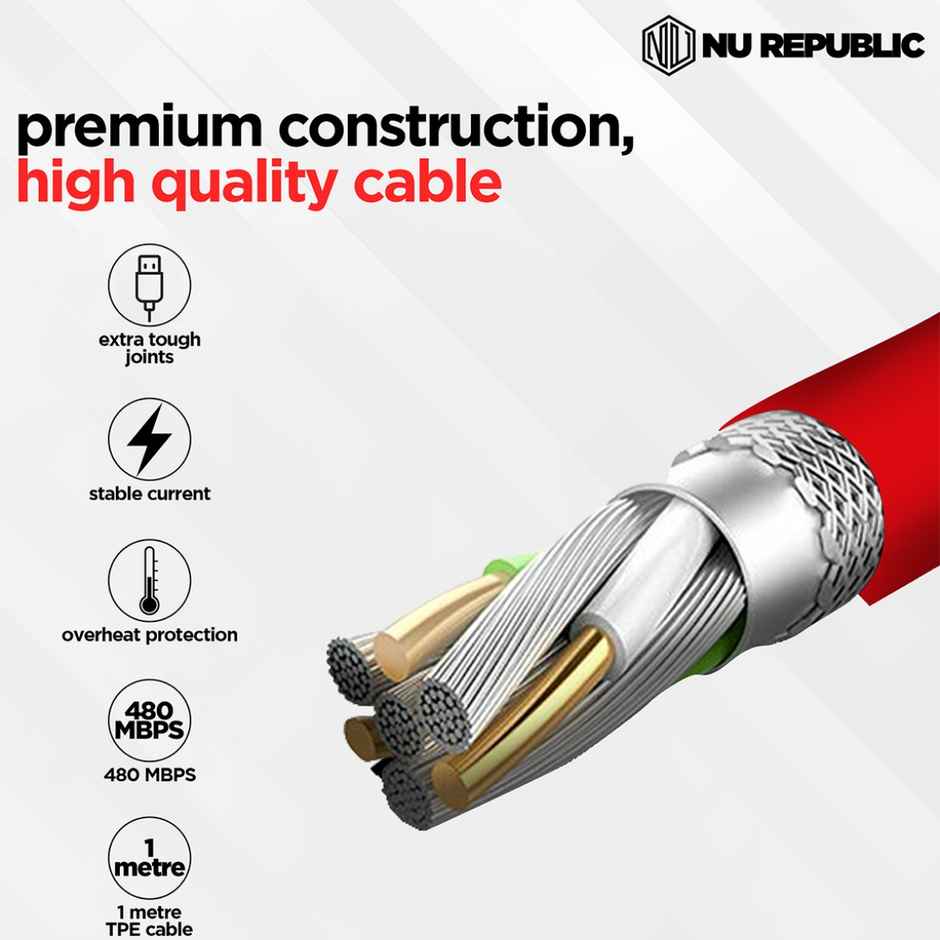 Nu Republic Blaze Supersonic 65W Type-C to Type-C Cable 1 m Fast Charge Cable (Compatible with Mobile, Tablet, Laptop, One Cable) - Red