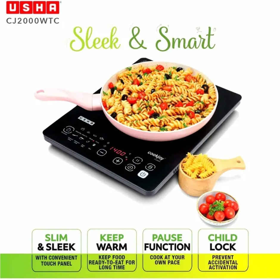 Usha Induction Cooktop -2000W Touch Panel, Pan Sensor, 8 Pre-Set Menu, 8-Stage Power Setting, Black