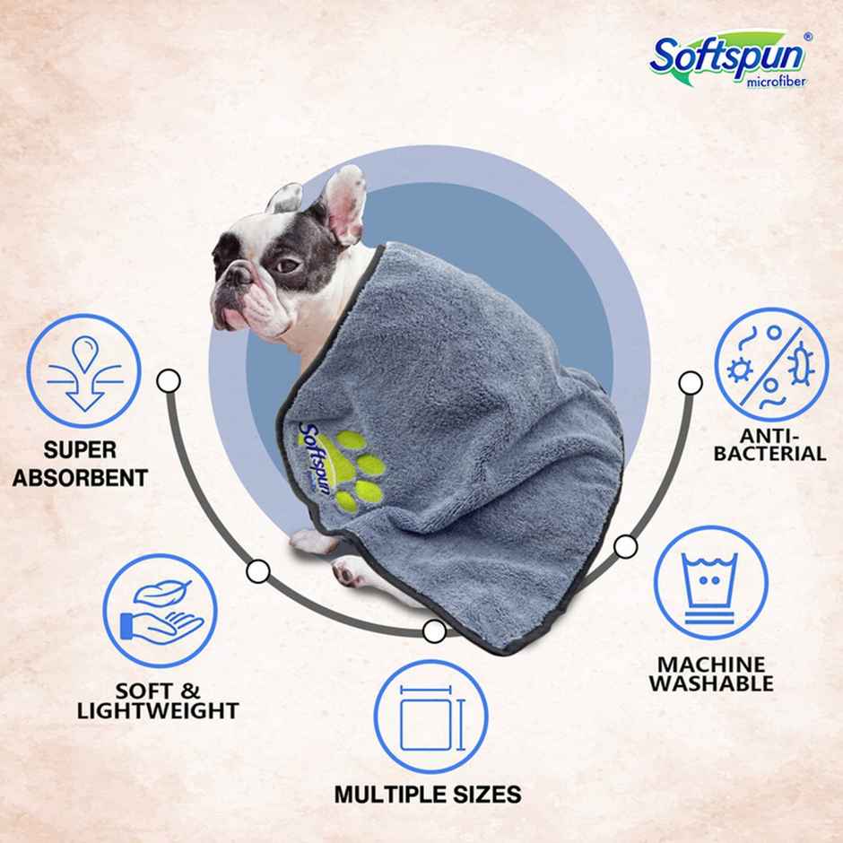 Softspun Microfiber Pet Towel (Small, 380 GSM, 40x60cm, 1pc, Grey)
