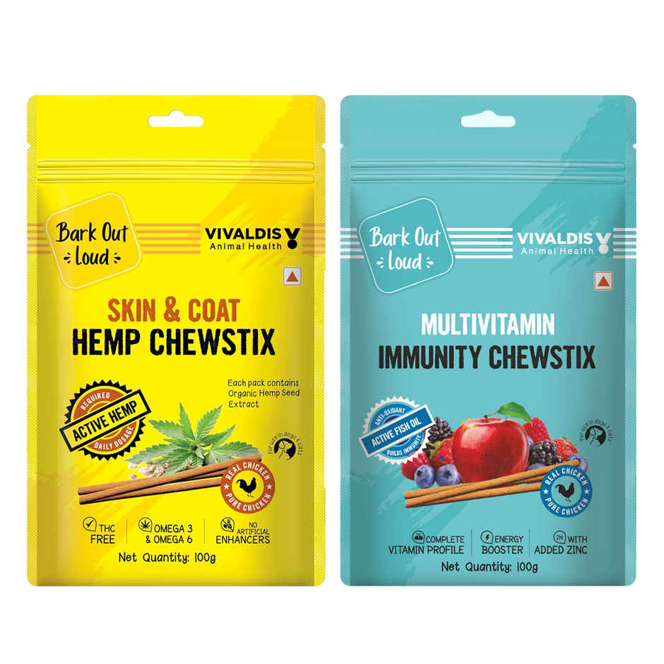 Bark Out Loud - Multivitamin Dog Treats, Fresh Chicken Immunity Chewstix With Omega & Zinc To Boost Health (100g) & Bark Out Loud Hemp Chewstix - Skin & Coat Fresh Chicken Dog Treats (100g) Combo