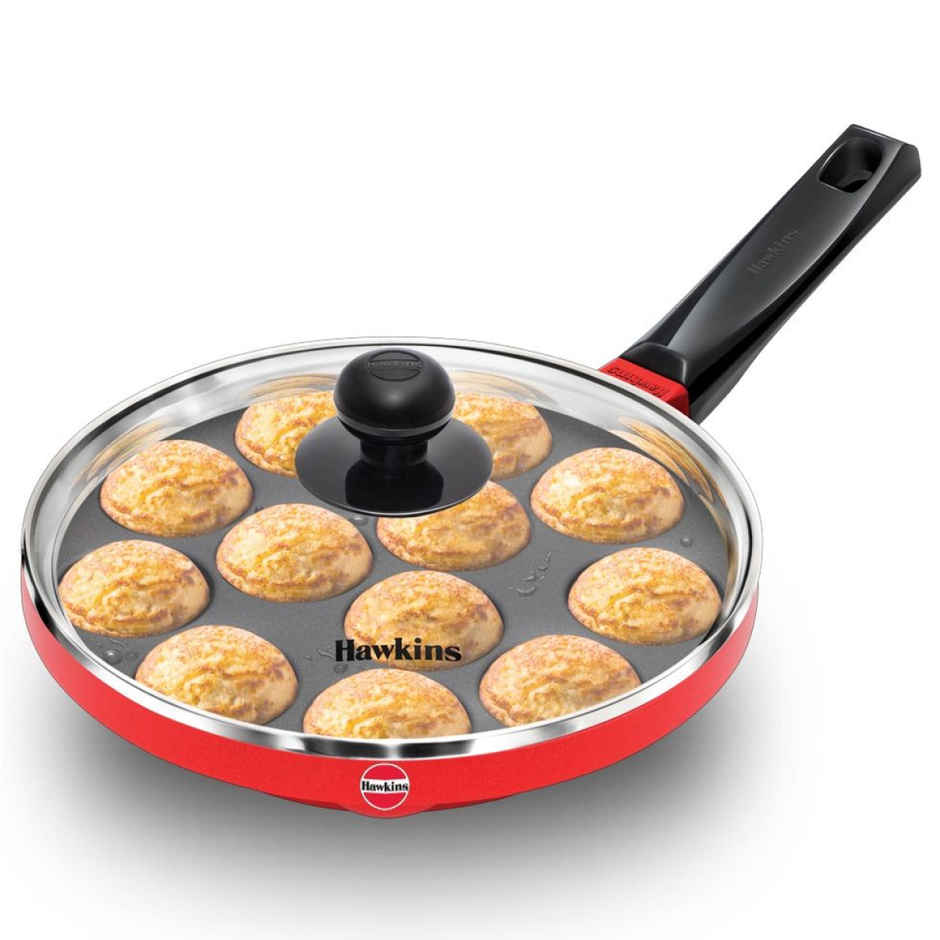 Hawkins 22 Cm Appe Pan Non Stick Paniyaram Pan With Glass Lid 12 Cups Pan - Red