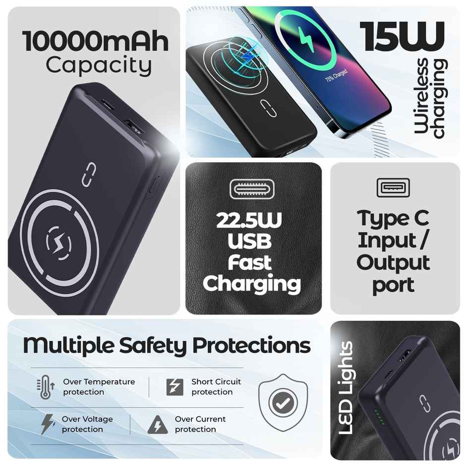 pTron Dynamo Arc 10000 mAh Power Bank | 22.5W Usb Fast Charging | 15W Magnetic Wireless Charging - Black