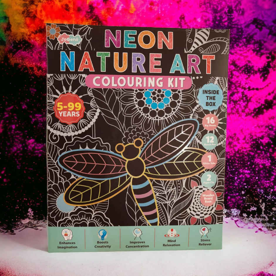 JoGenii Neon Nature Art Colouring Kit With 16 Big Sheets-Sketch Pens And Glitter Tube