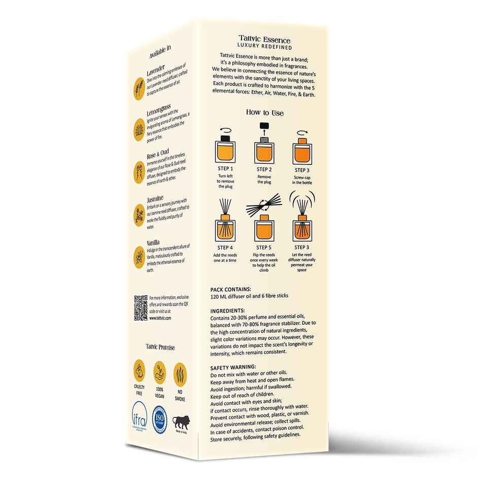 Tattvic Essence Reed Diffuser, Jasmine, Natural, Mood Enhancer