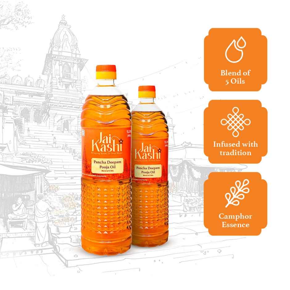 Betel Leaves (Paan) (10pc) & Jai Kashi 3 In 1 Premium Incense Stick (150g) & Jai Kashi Pancha Deepam Pooja Oil (1l) & Jai Kashi Pure Camphor (50g) & Jai Kashi Janeu (4pc) & Jai Kashi Round/ Flower Cotton Wicks (200pc) Combo