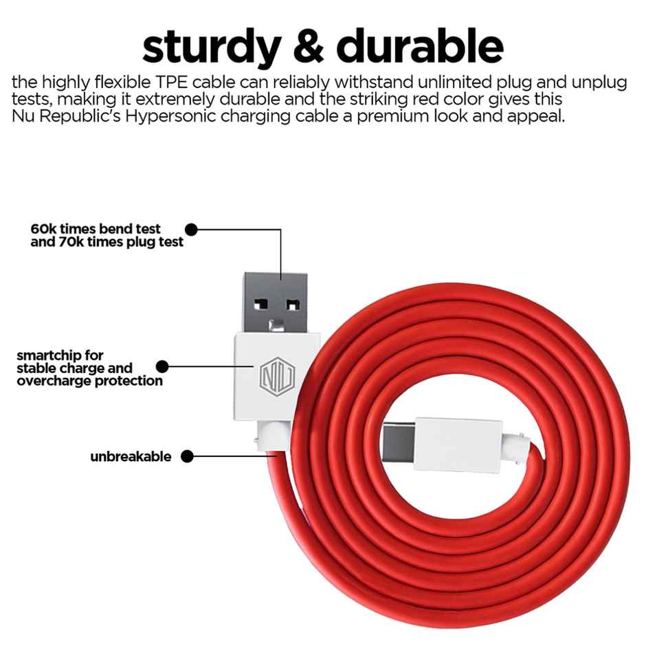 Nu Republic Blaze Hypersonic USB Type-C Cable | 50W 3.5A | 1 m Fast Charging | Red