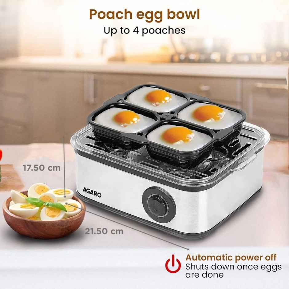 Agaro Grand Egg Boiler And Poacher, 500W, 2-in1 Boils 8 Eggs, Poach 4 Eggs, Steamed Vegetables, 3 Boiling Modes, Stainless Steel Body - Silver