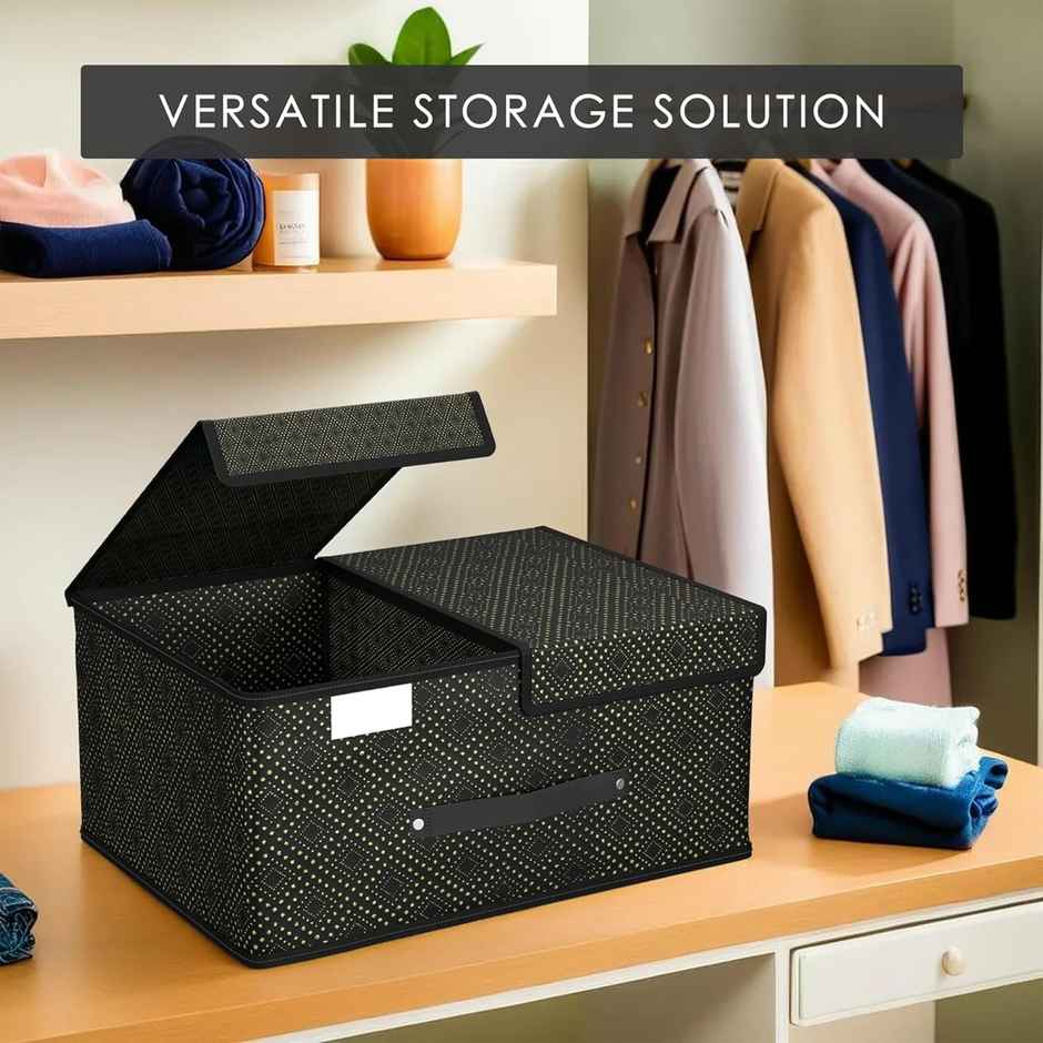 Kuber Industries Golden Dot Foldable Small Wardrobe Organizer with Double Lid | Black