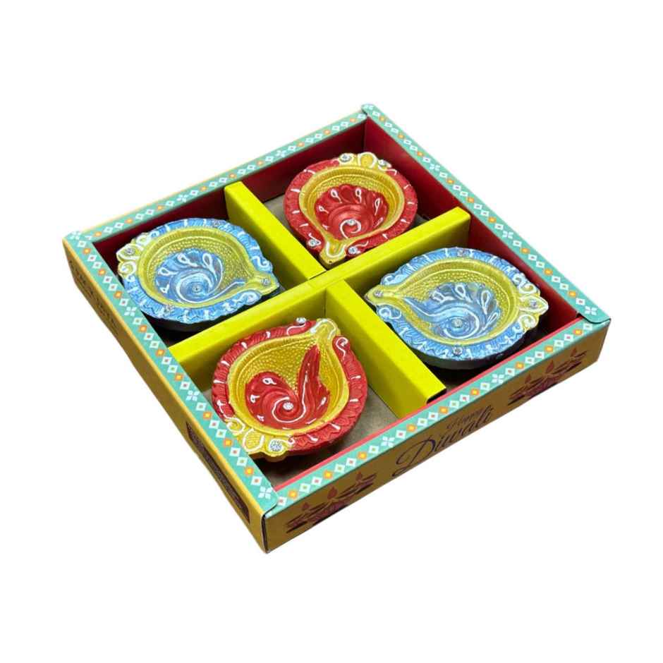 Multicolor Floral Diya | Pack OF 4 | Designer Clay Diya | DiaCraft