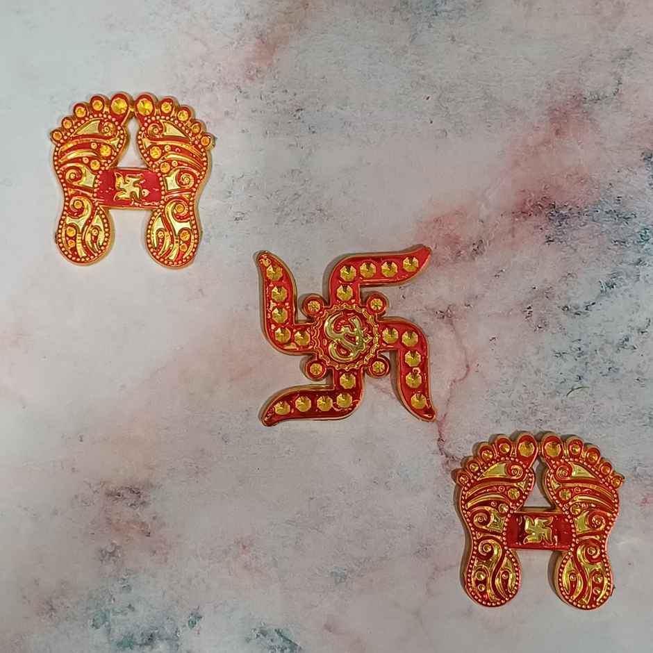 Gullak Auspicious Symbols Red And Golden Plastic Stickers Pair Of Charan And Swastik