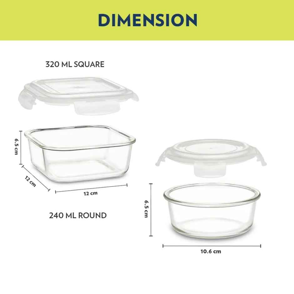Borosil Alfa Universal Lunchbox | 4 Pcs Glass Set | 320 ml x 2 + 240 ml x 2