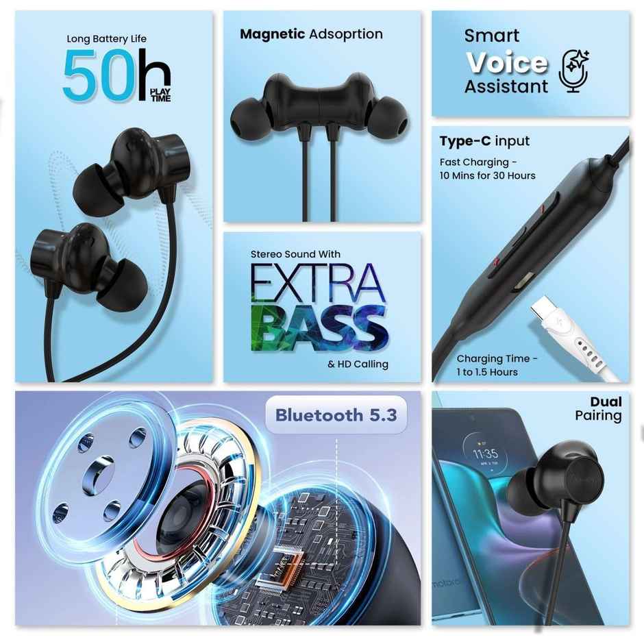 Aroma NB120 Amaze Bluetooth Neckband Upto 50 Hours Playtime, Fast Charging, Dual Pairing Neckband Bluetooth  - Black