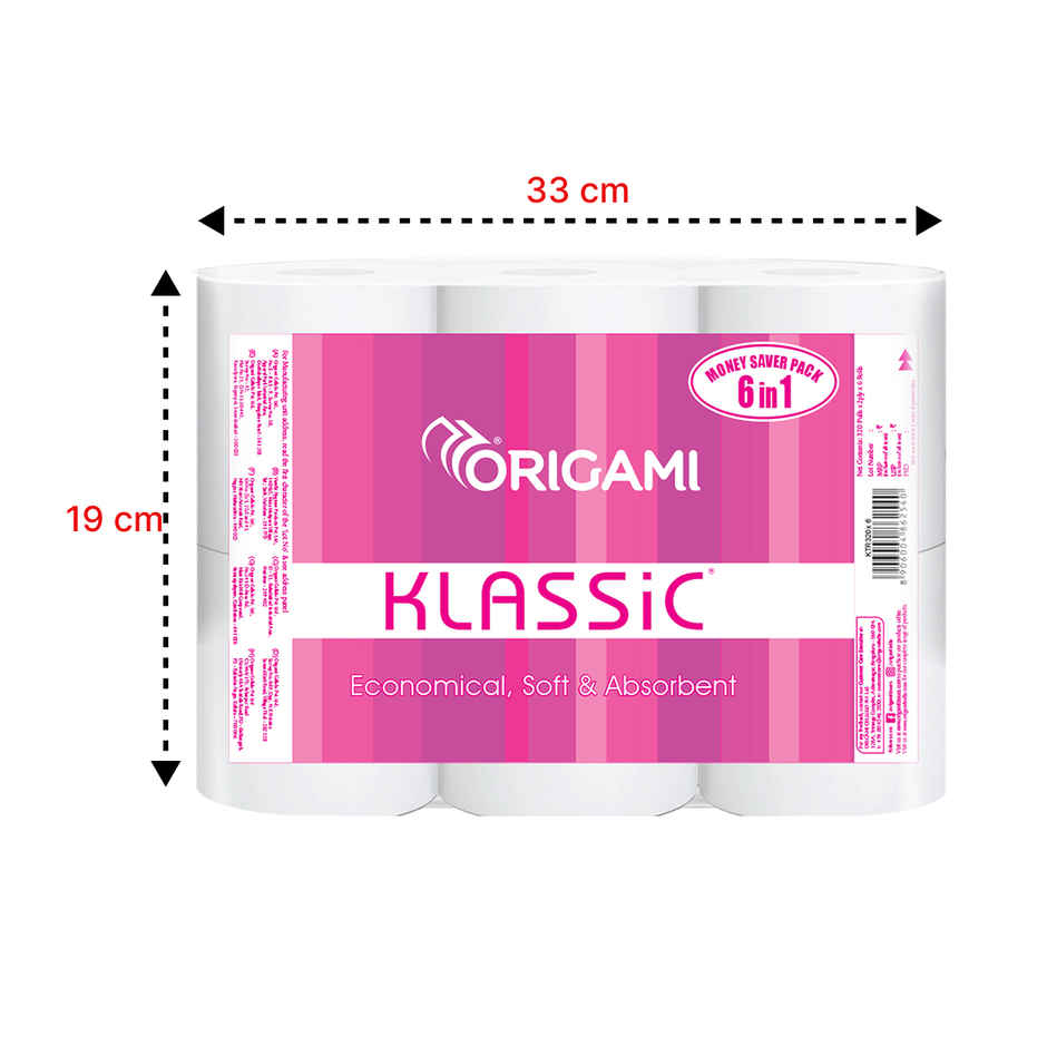 Origami Klassic Soft & Absorbent Toilet Tissue Paper with Anticlog Tech Pack of 6, 320 Pulls Each