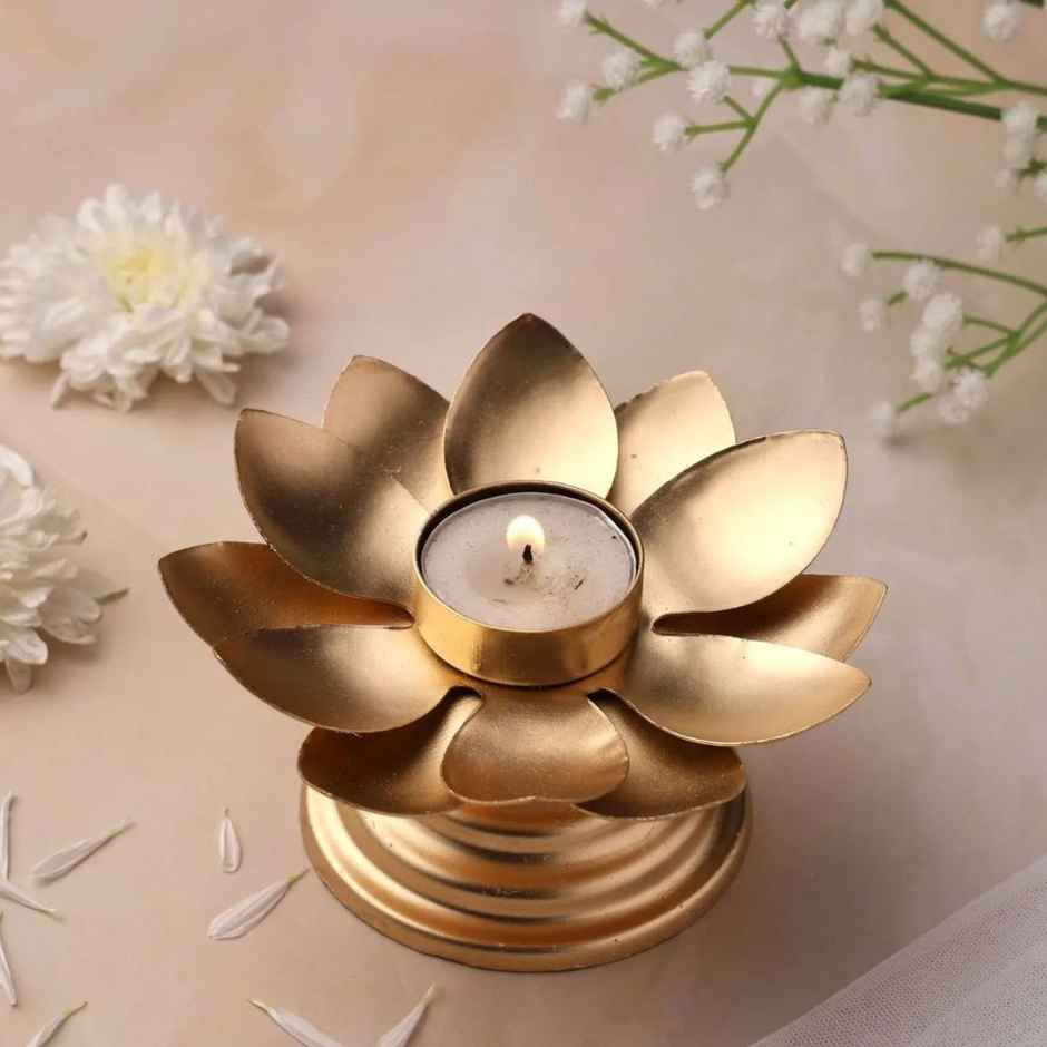 Religious Lotus Candle Holder for Home Decor | Iron | Gold | Urban Born