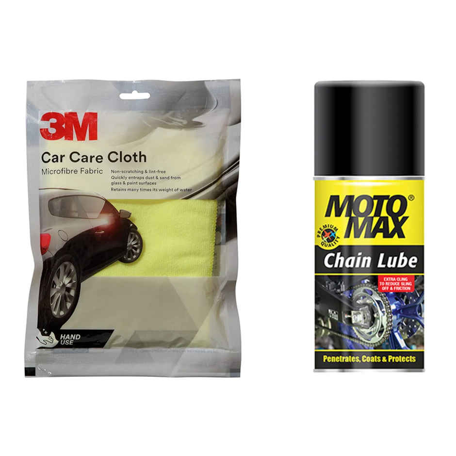 3M Car Care Microfiber Car Cleaning Cloth - Yellow | 30 X 35 Cm (1pc) & Motomax Chain Lube Spray 100 Ml (1pc) Combo