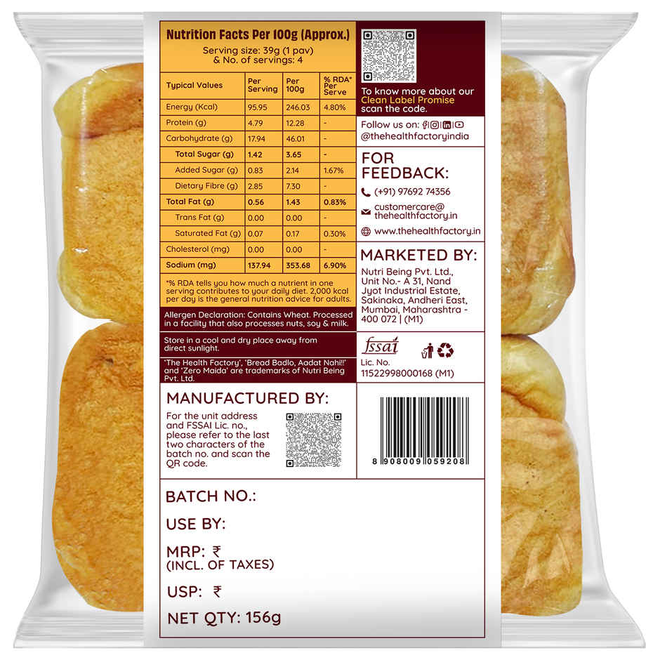 The Health Factory Zero Maida Bombay Pav- Whole Wheat(1pc) & Coriander Leaves(1pc) Combo