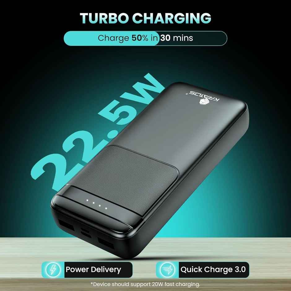 Kratos Legend Champ Power Bank 20000mAh, Fast Charging 22.5W, Triple Output,USB Type C Connector, PD Quick Charge Power Bank for iPhone, Android & Other Phones, BIS Certified,Made in India - Black