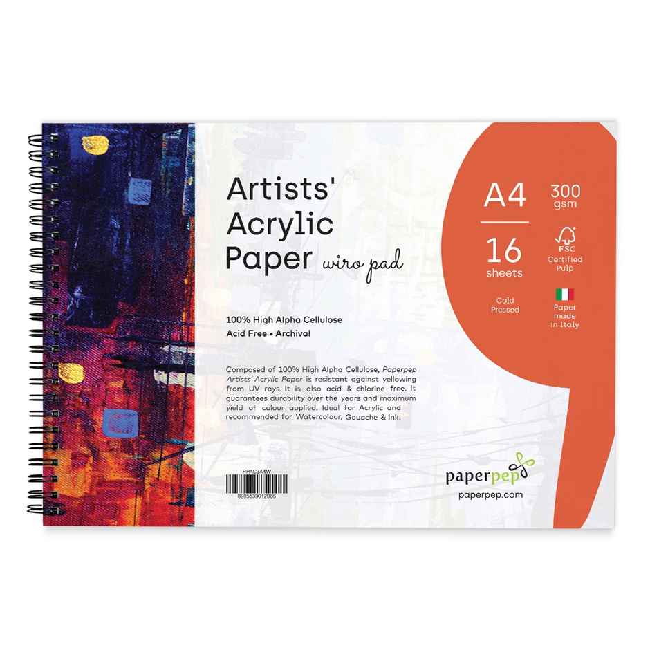 Paperpep Artists' Acrylic Wiro Pads 300Gsm Cold Pressed A4 16 Sheets