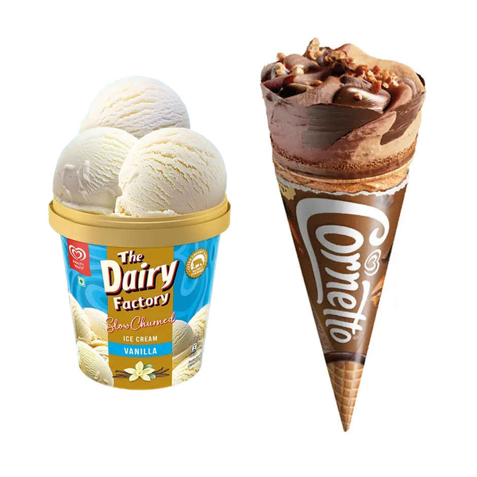 Kwality Wall's Shameless Vanilla Tub(700ml) & Kwality Wall's Cornetto Double Chocolate Cone(105ml) Combo
