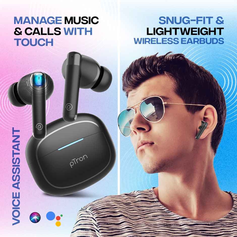 pTron Bassbuds Duo Pro TWS Earbuds | AI-ENC Calls | 38H Playtime | 50ms Low Latency | MovieMusic Mode - Black