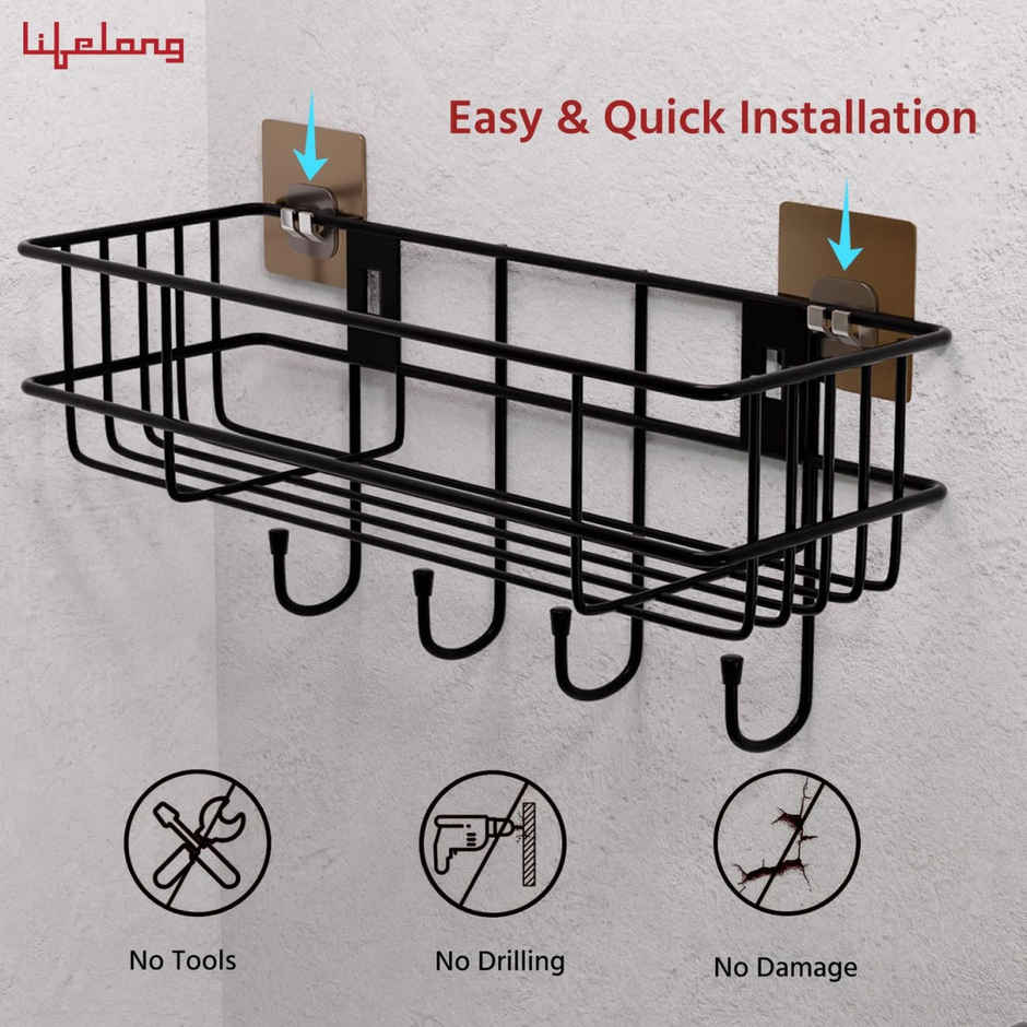 Lifelong Bathroom Shelf For Storage - Wall Mounted Washroom Rack Towel Holder Pack Of 2 - Black