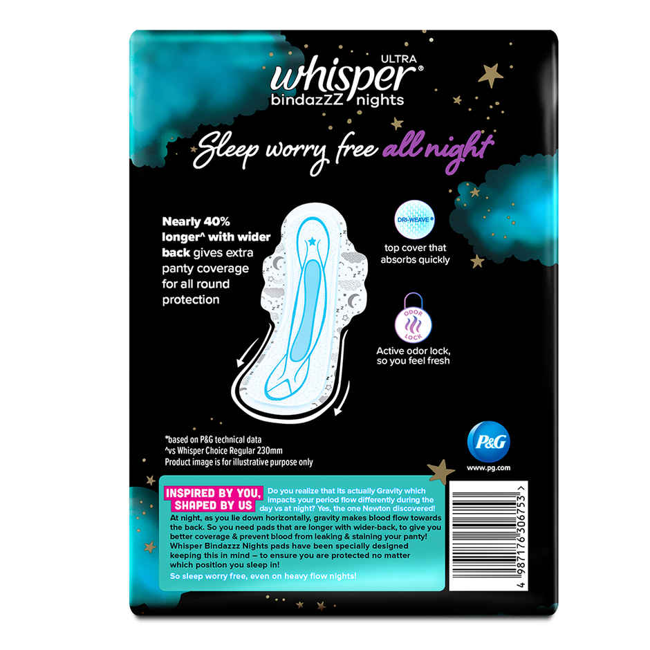 Whisper Bindazzz Nights XXL Sanitary Pads, Upto 0% Leaks All Night Long
