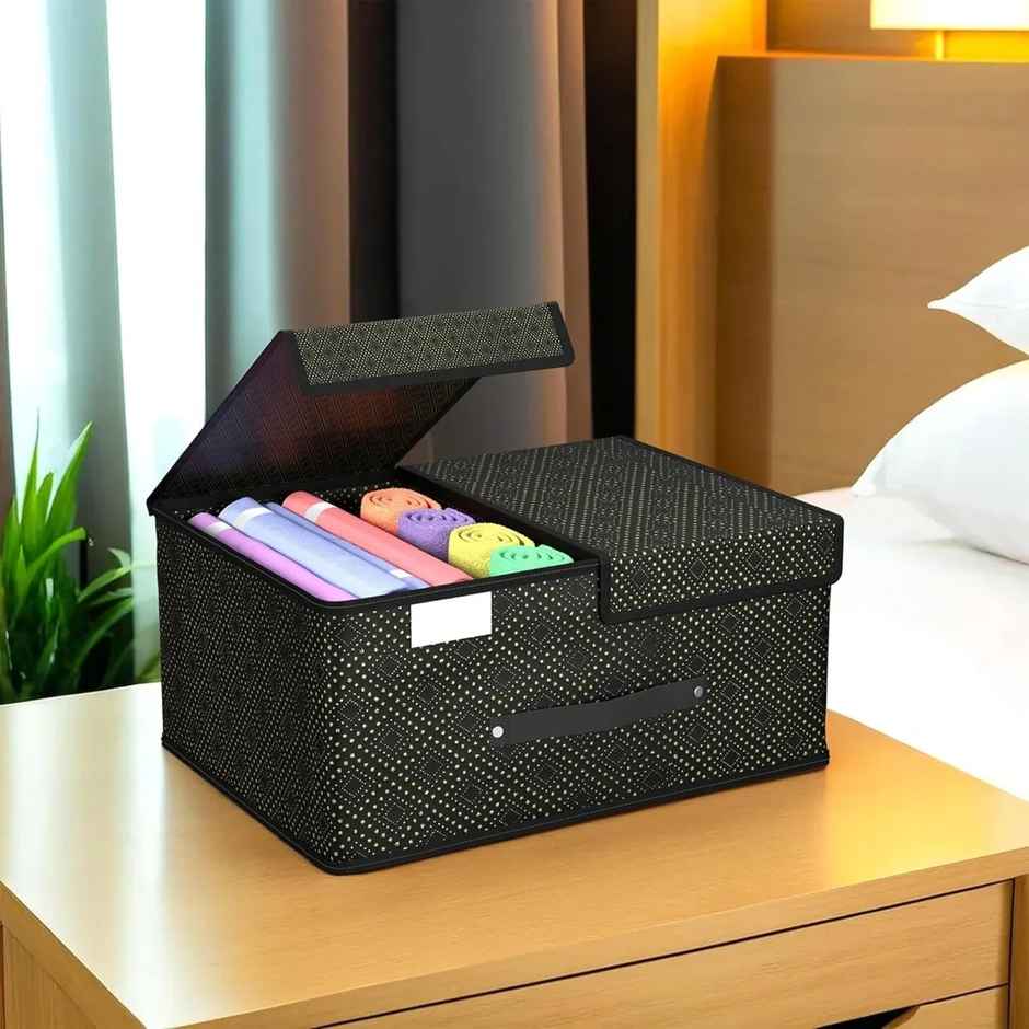 Kuber Industries Golden Dot Foldable Small Wardrobe Organizer with Double Lid | Black