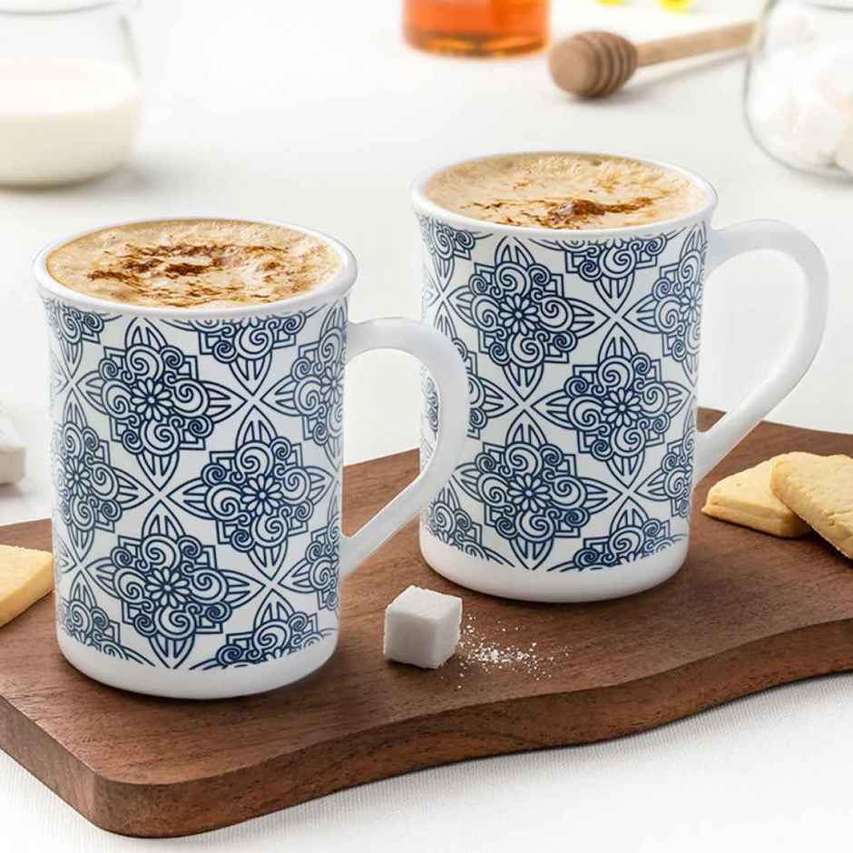 Larah By Borosil Kuba Blue Opalware 2 Pc Tea/Coffee Mugs, 350Ml Each, Microwave & Dishwasher Safe