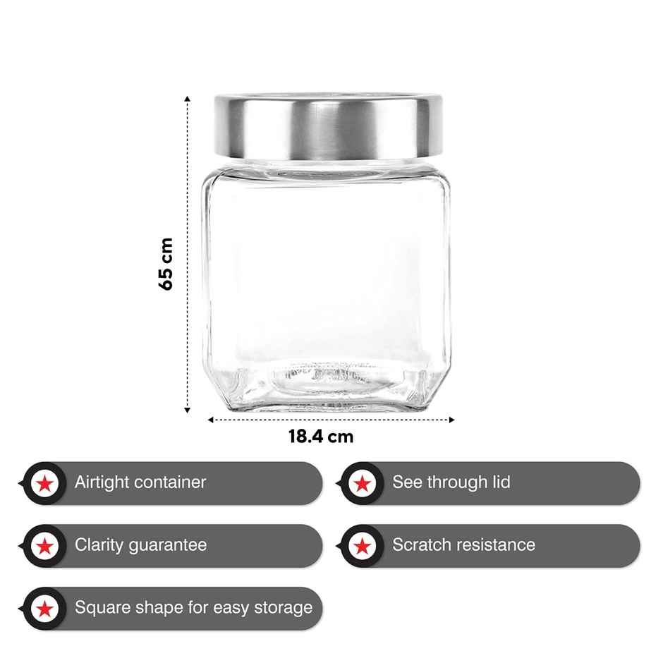 Cello Qube Fresh Glass Storage Jar Container With Air Tight Silver Metal Lid Multipurpose Jar Clear