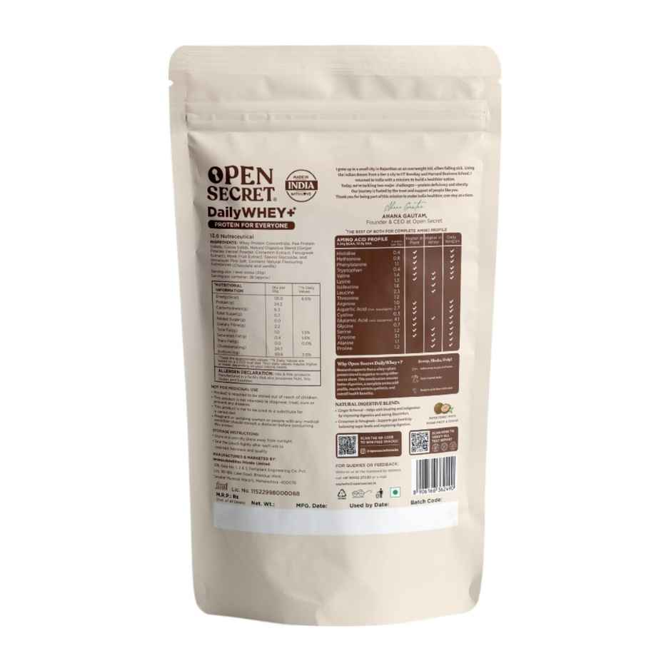 Open Secret Whey+ Protein - Double Chocolate Flavour | 24g Protein Per Scoop