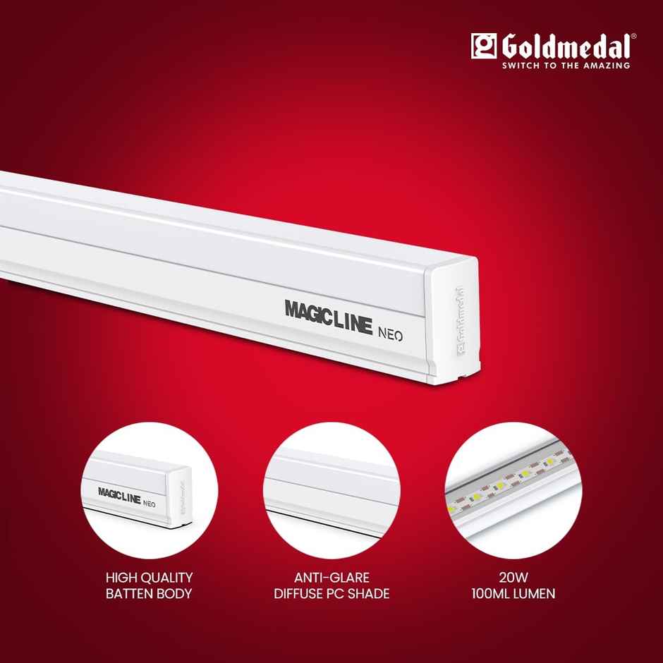 Gold Medal Magic Line Neo 20W T5 LED Slim Batten For Domestic Use - Cool Daylight (6500K) | With 2000 Lumens | Surge Protection up to 4kV | Energy Efficient Tubelight for Home, Office
