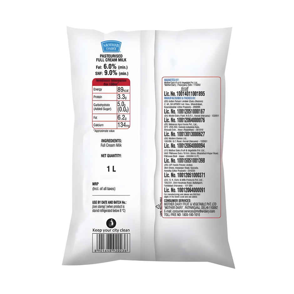 Mother Dairy Full Cream Fresh Milk | Pouch