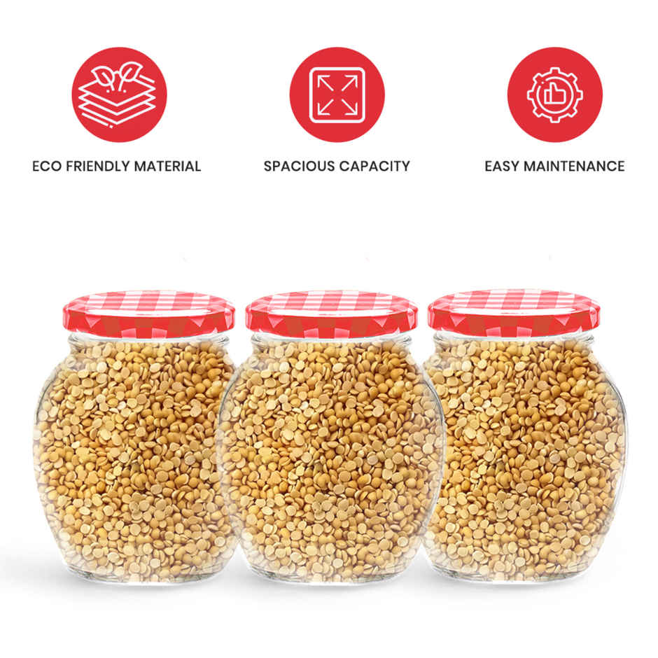 YERA GLASSWARE Lucia Storage Jar Set | Checkered Lids | Red - 375 ml