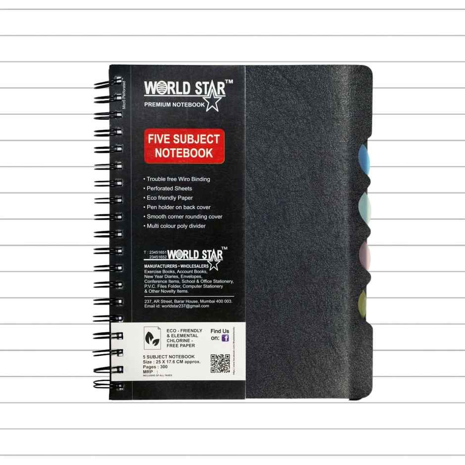 ABK 5 Subject Notebook 70 Gsm Paper Single Ruled 300 Pages 17.6 x 25 cm Spiral Binding