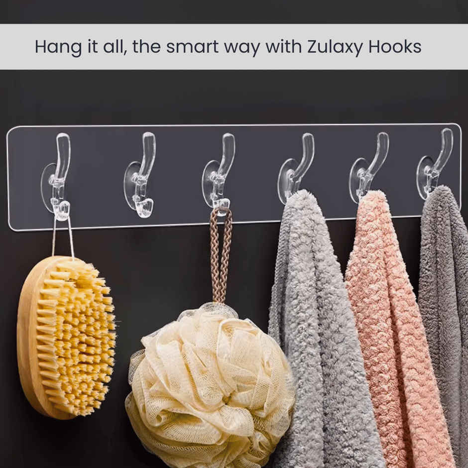 Zulaxy Adhesive & Transparent Wall Hanger Hooks for Hanging Clothes | 6 Hooks Hanger