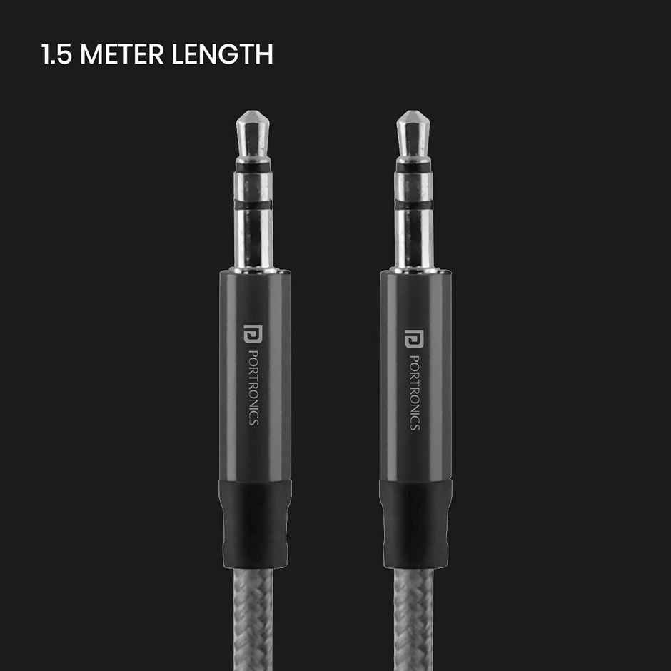 Portronics Aux 5 Stereo Audio Aux Cable 1.5m 3.5mm Metal Head Connectors, Nylon Braided with Universal Compatibility - Grey