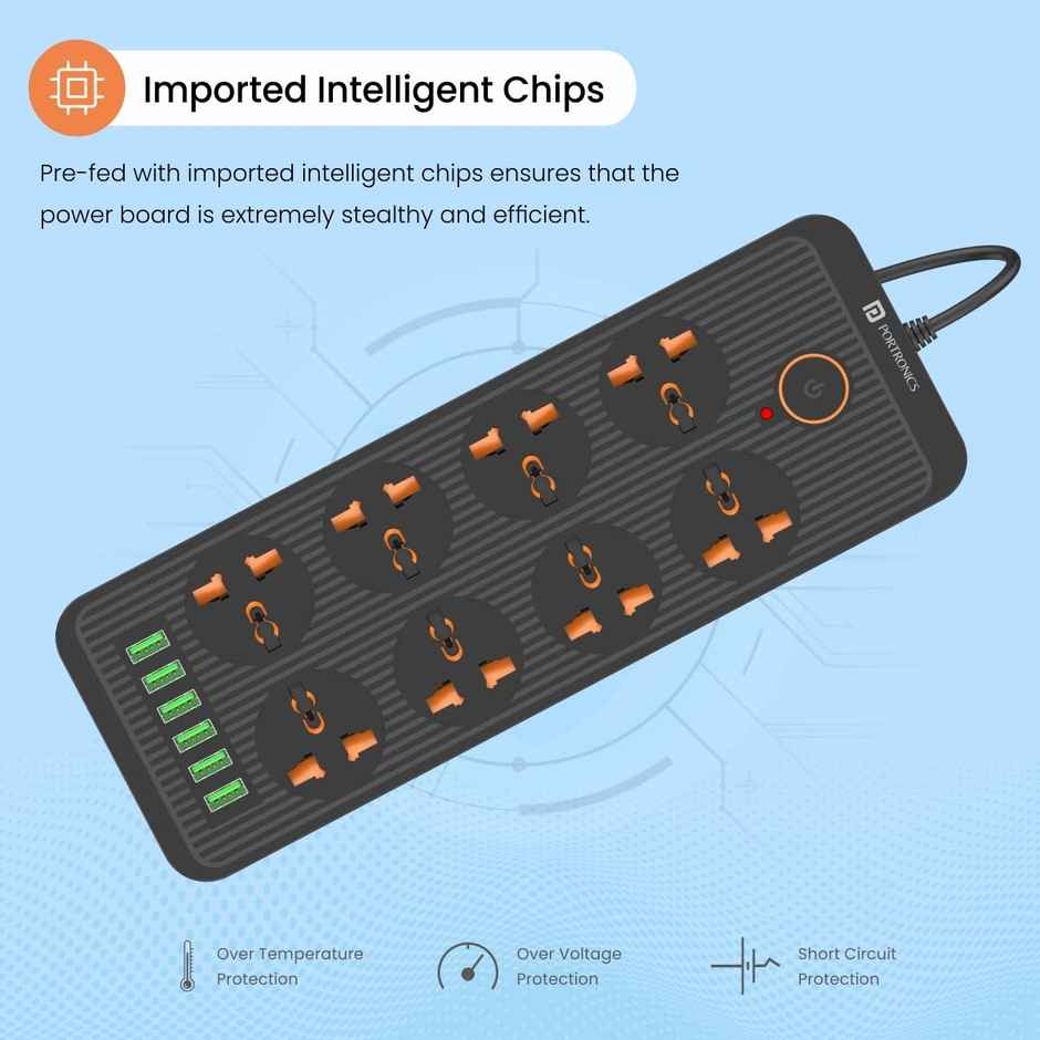 Portronics Power Plate 7 with 6 USB Port + 8 Power Sockets Power Strip Extension Board with 2500W, 3Mtr Cord Length, 2.1A USB Output, 250 Volts - Black