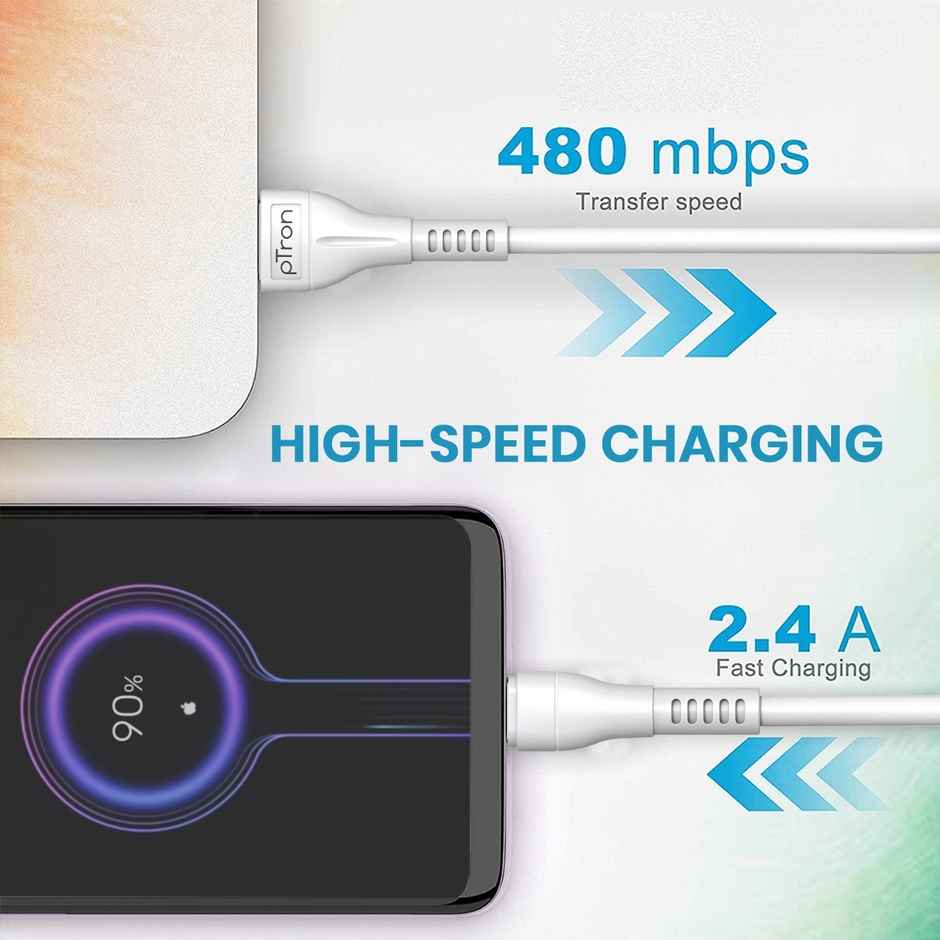 pTron Solero i241 Fast Charging 2.4A USB to iOS Cable( USB to Lightning )Data Transfer & 1m Tangle-Free Cable - White