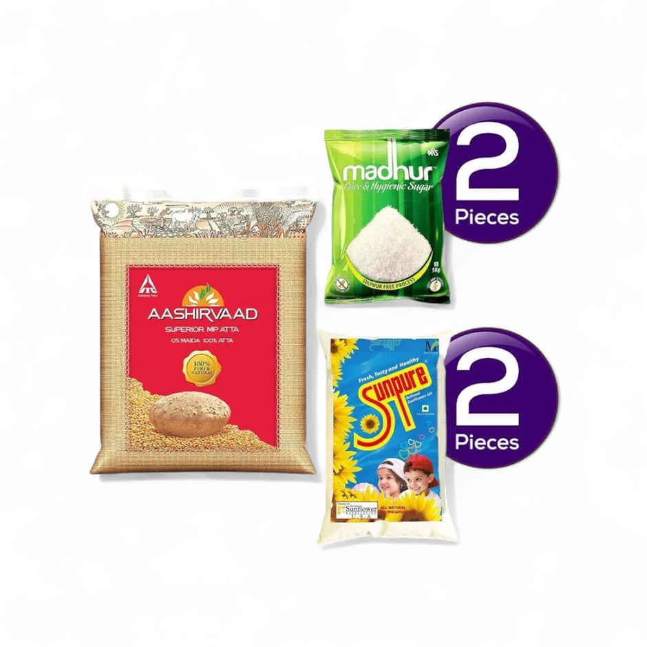 Aashirvaad Superior MP Atta(5kg), Sunpure Refined Oil -Sunflower(1l) & Madhur Sugar/Sakkare - Refined(1kg) Combo
